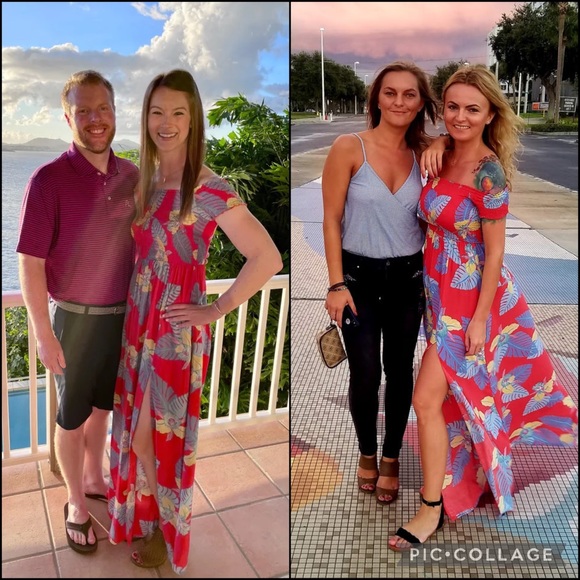 Lulu’s Coral Tropical Print Smocked Bodice Side Slit Maxi Dress - Picture 3 of 13